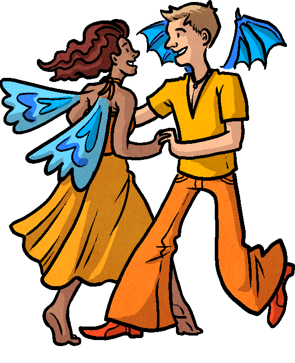 A dancer couple wearing orange clothes and sporting blue wings.