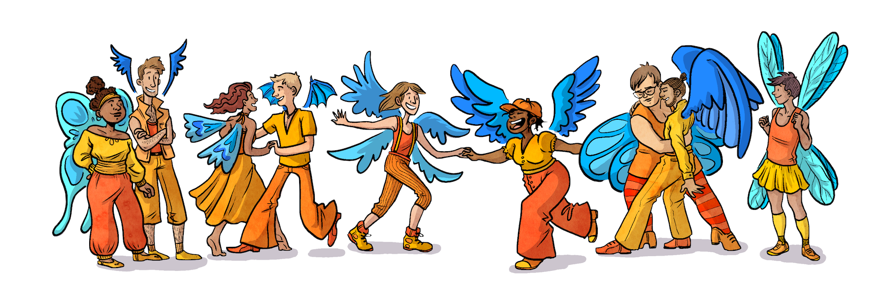 A set of diverse dancers wearing orange clothes and sporting blue wings.
